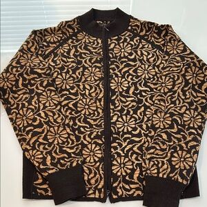 Brown and Tan wool Floral Patterned Zip-Up Sweater with 2 pockets Icelandic